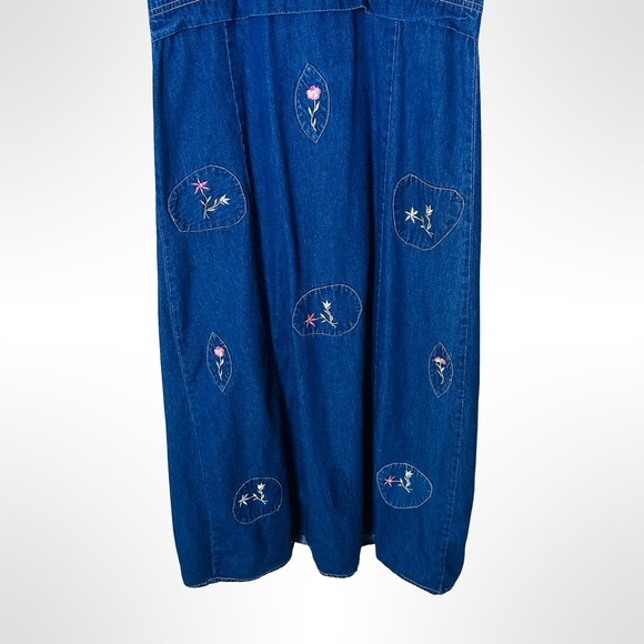 Vintage Blue Embroidered Denim Midi Dress Folk Cottage Medium - Picture 4 of 15